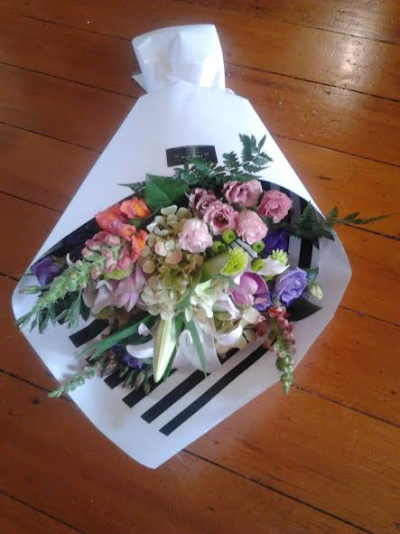 Country garden Bouquet - A beautiful French country styled bouquet of seasonal flowers wrapped in white paper with contrasting black and white stripes - so French!