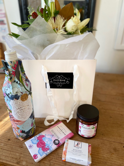 Flourish gift bag - Choose from small, medium or large gift bags filled with the most beautiful products including flowers, bubbles, chocolate, scented candle or a washbar - you choose - perfect for special occasions