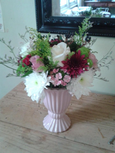 Vintage Blush Arrangement - A charming arrangement in soft pink, white and deeper berry tones, beautifully presented in a vintage-style container. Full of texture and character, it makes a lovely gift for birthdays, celebrations, thank-yous or just because.